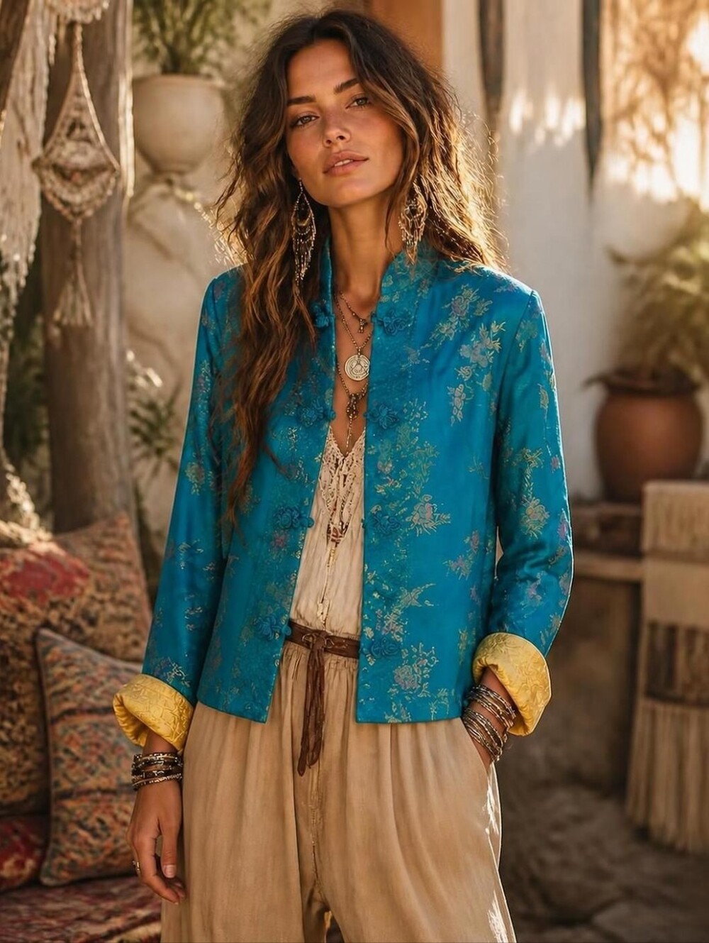 Teal Floral Embroidered Silk Kimono Jacket